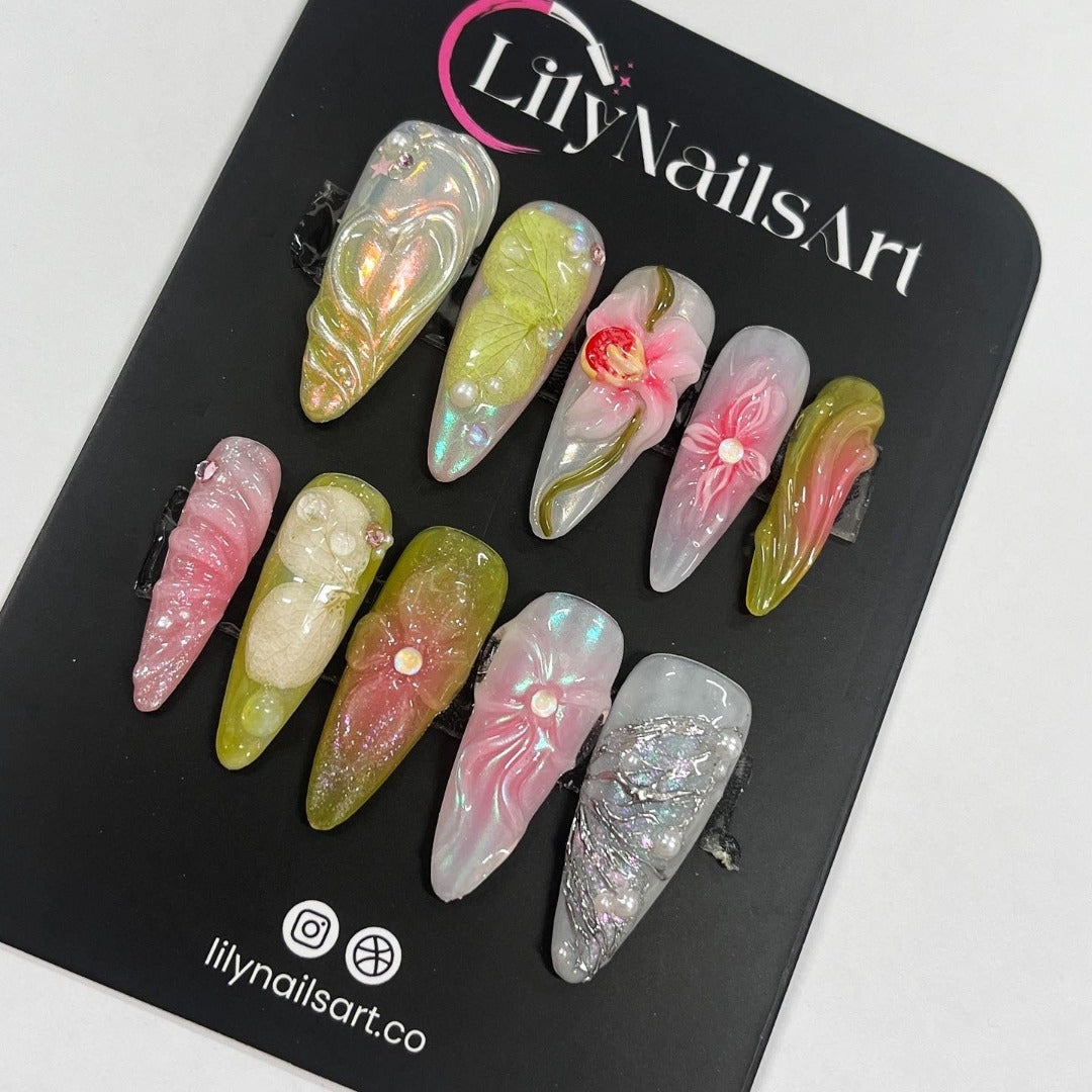 3D flower long almond handmade press on nails, garden theme custom made false nails for birthday holiday vacation 