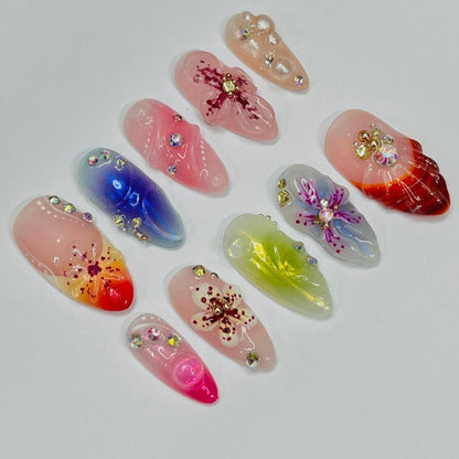 Enchanted Gardens Medium Almond Handmade Press On Nails, Spring Theme Custom Made False Nails for Birthday Holiday Vacation Prom Nails