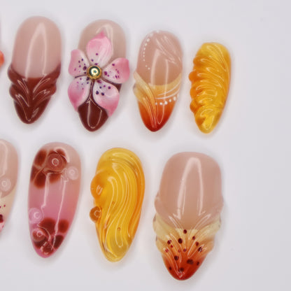 beautiful rich autumn color handmade 3D gel press on nails by lilynailsart.co