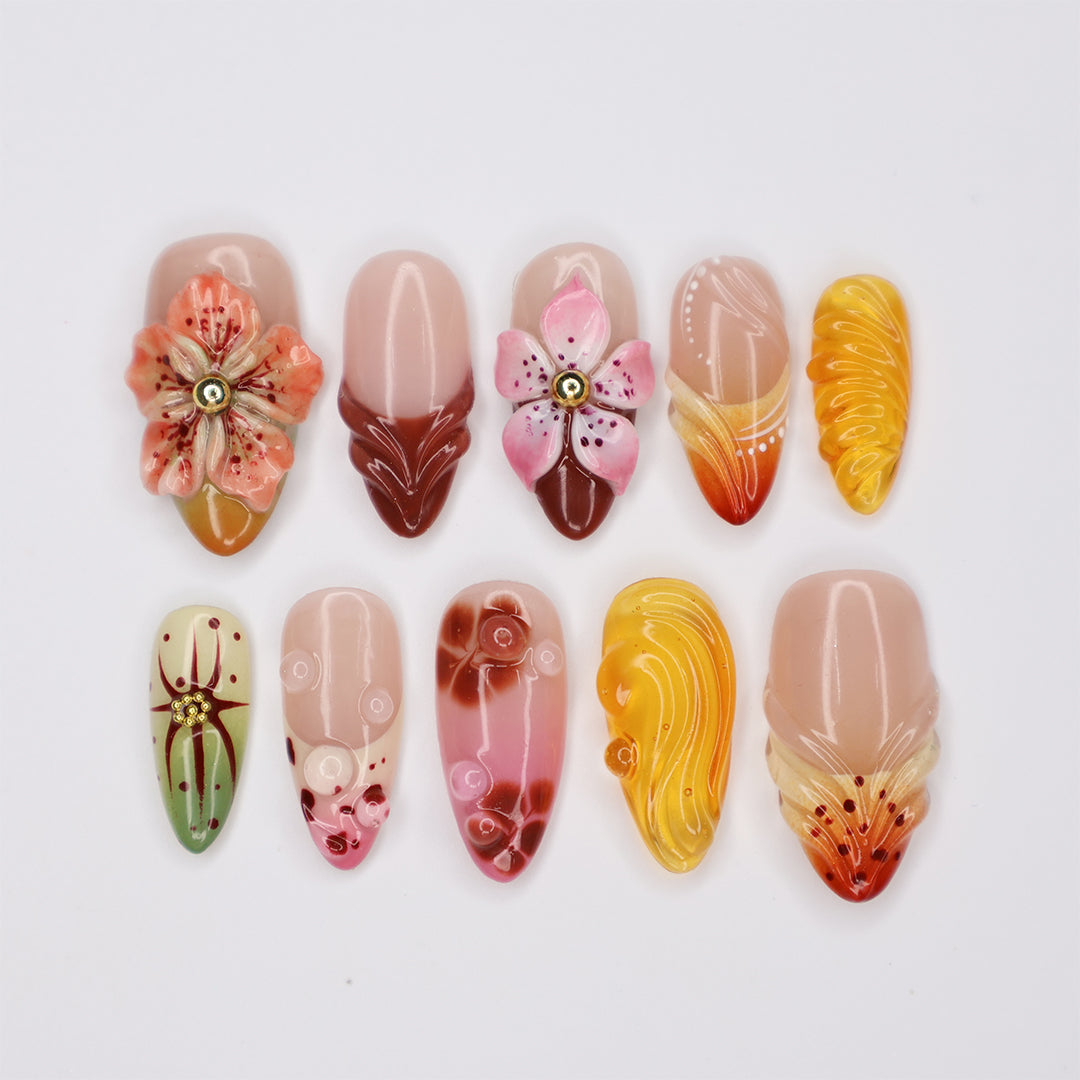 beautiful rich autumn color handmade 3D gel press on nails by lilynailsart.co