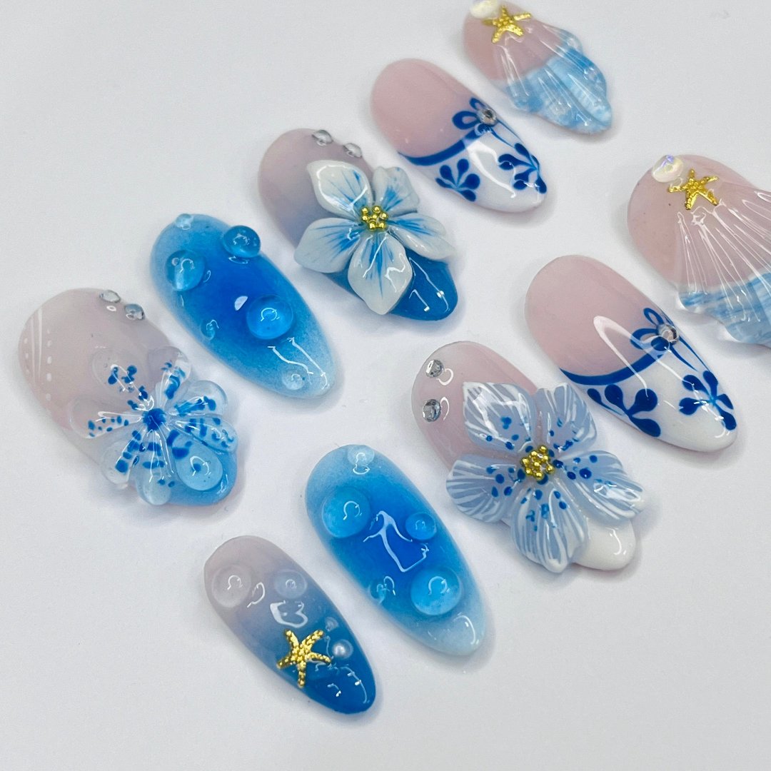 Azure Summer  - 3D Flowers Medium Almond Press on nails, Handmade Floral False Nails for Holiday, Vacation, Birthday, Prom Nails. Gift for Her