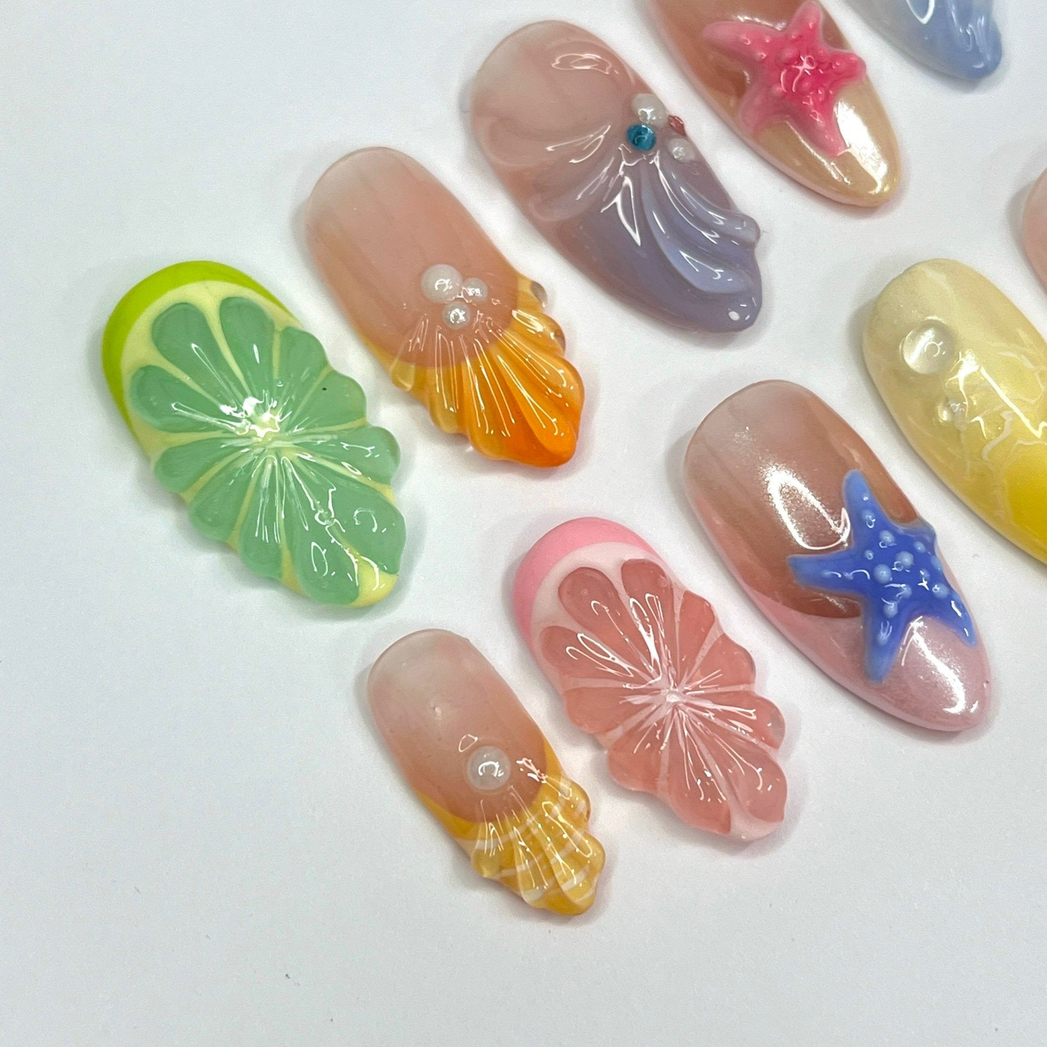 Handmade Summer Seashell & Fruit Press-On Nails –  Perfect for vacations, holiday, beach days, or as a fun gift for her birthday