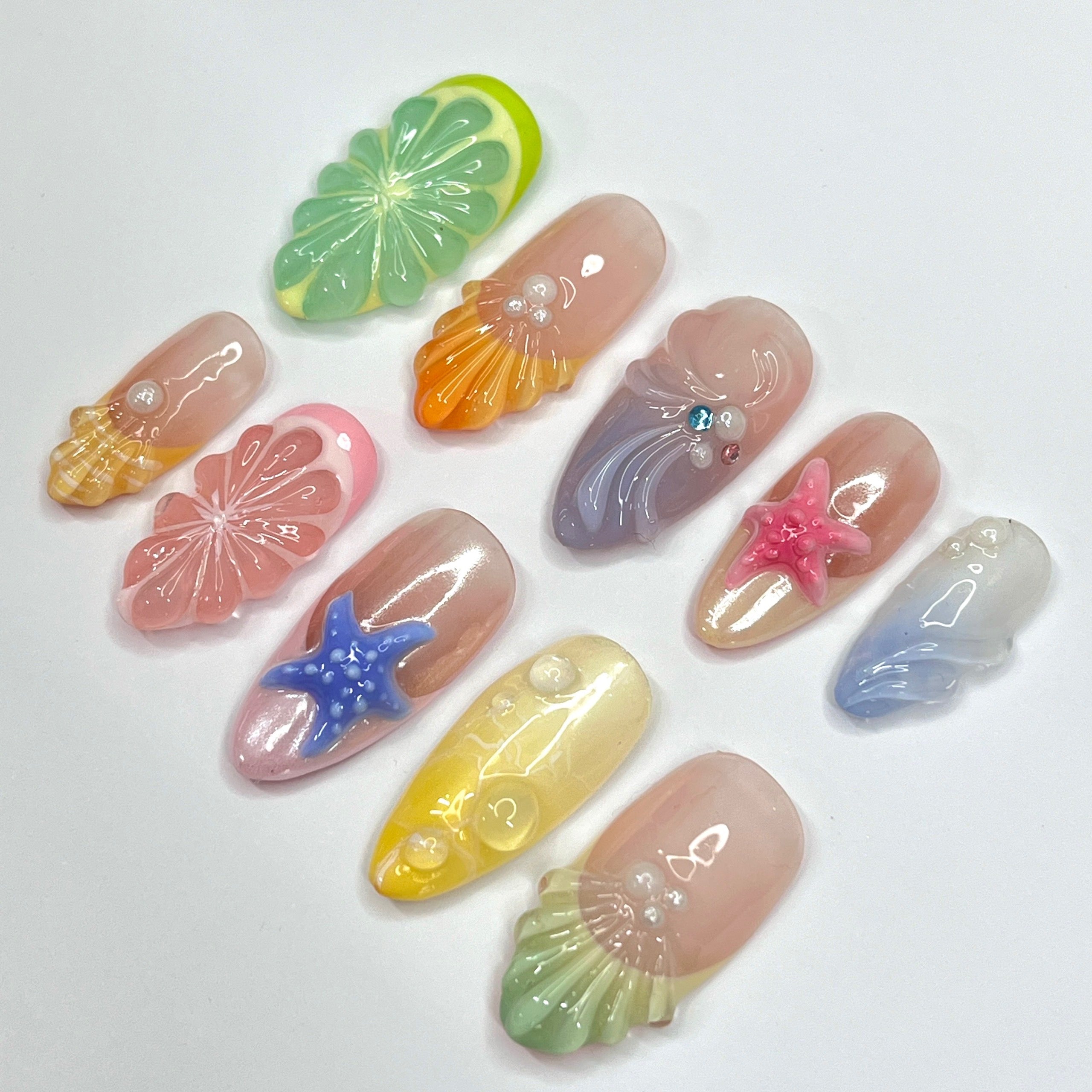 Handmade Summer Seashell & Fruit Press-On Nails –  Perfect for vacations, holiday, beach days, or as a fun gift for her birthday