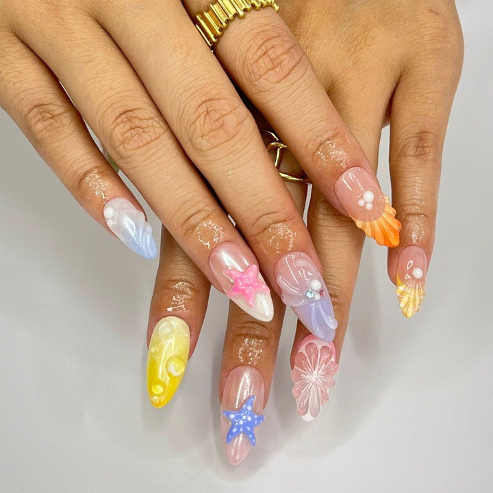 Handmade Summer Seashell & Fruit Press-On Nails –  Perfect for vacations, holiday, beach days, or as a fun gift for her birthday