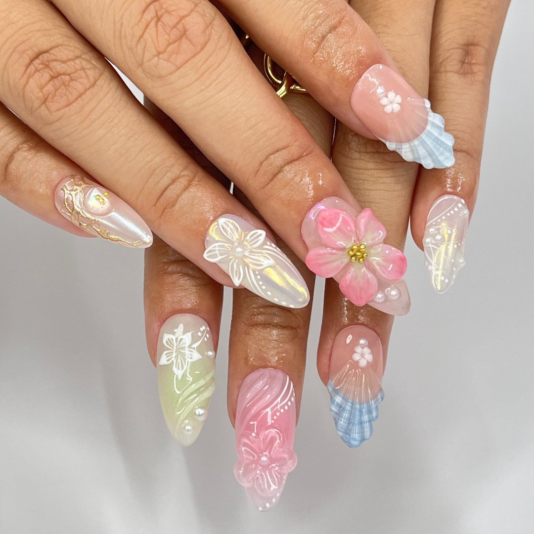 elegance 3D flowers handmade press on nails by lilynailsart.co