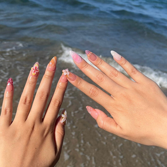 Handmade Floral Press-On Nails – earthy nude and soft pink tones with 3D flowers, gold accents, and plaid patterns. Perfect for weddings, birthdays, holidays, or as a unique gift for her