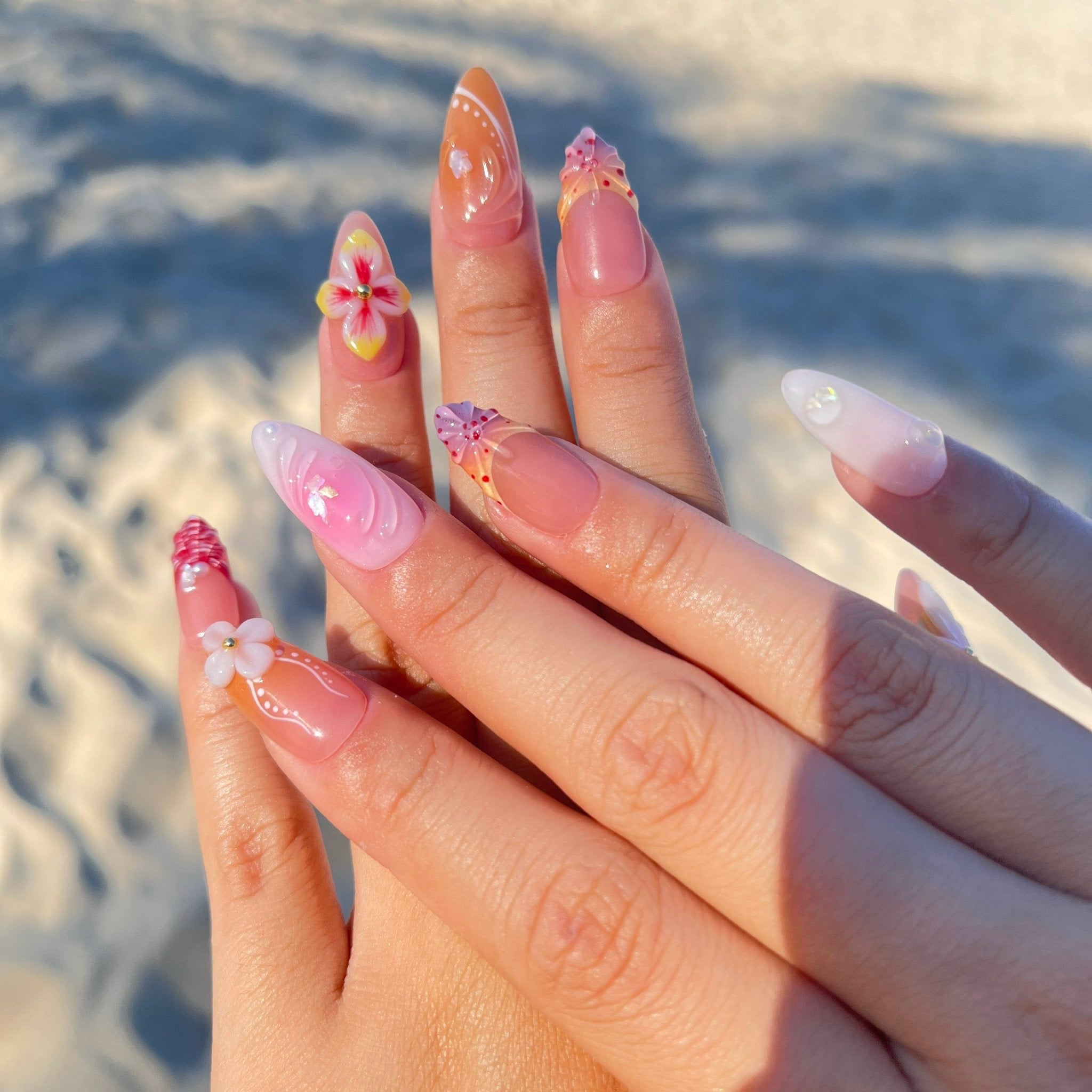 Handmade Floral Press-On Nails – earthy nude and soft pink tones with 3D flowers, gold accents, and plaid patterns. Perfect for weddings, birthdays, holidays, or as a unique gift for her