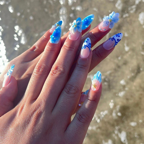 Azure Summer  - 3D Flowers Medium Almond Press on nails, Handmade Floral False Nails for Holiday, Vacation, Birthday, Prom Nails. Gift for Her