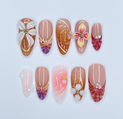 premium handmade 3D flower press on nails, holiday vacation nails