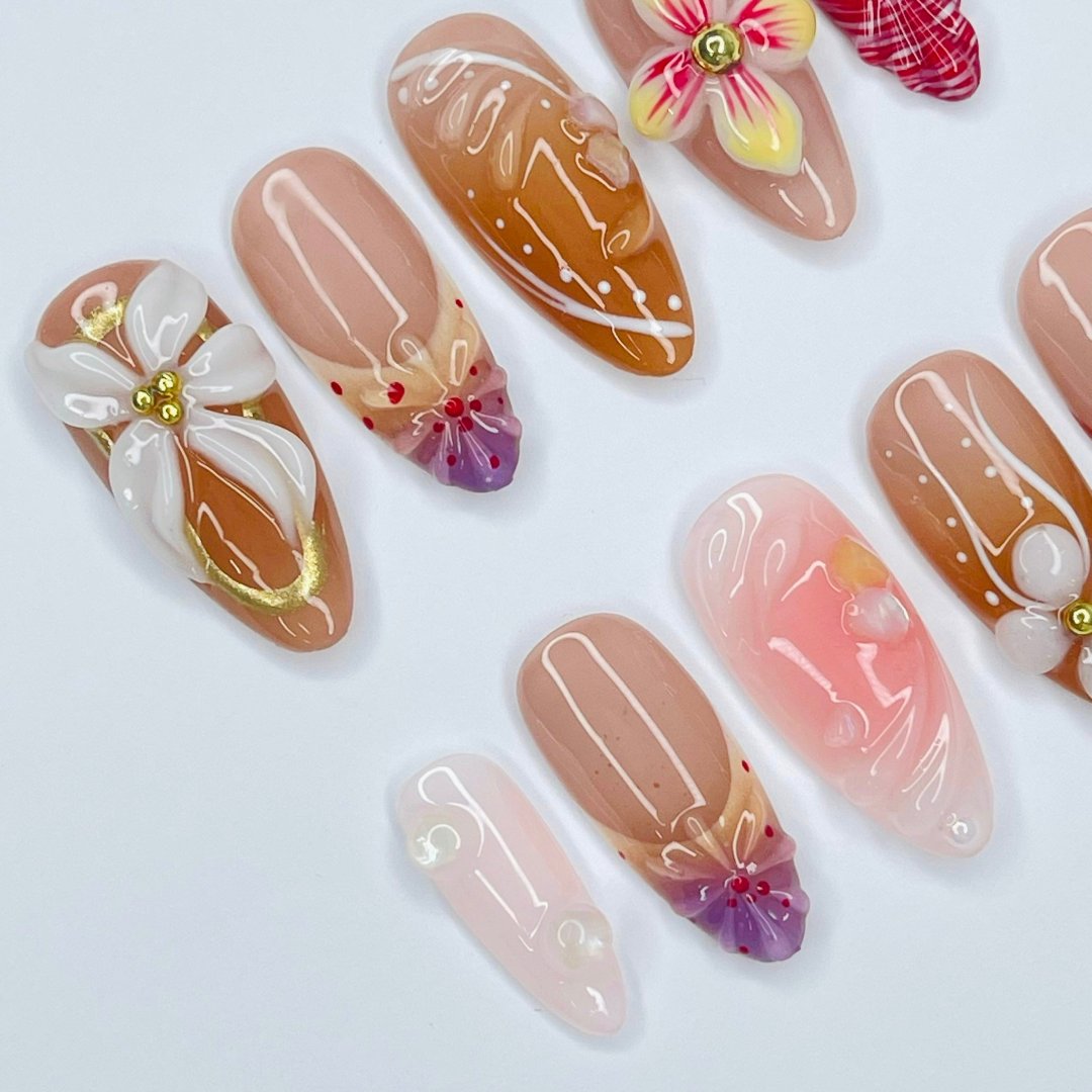 premium handmade 3D flower press on nails, holiday vacation nails