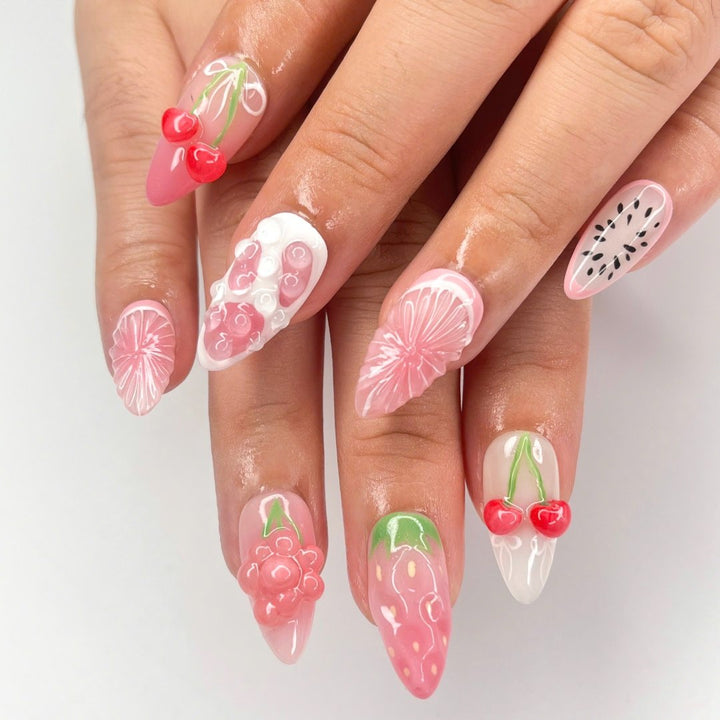 Handmade Fruity 3D Press-On Nails – pink tones with 3D strawberries, cherries, and watermelon designs. Perfect for summer holidays, birthdays, vacations, or as a sweet gift for her