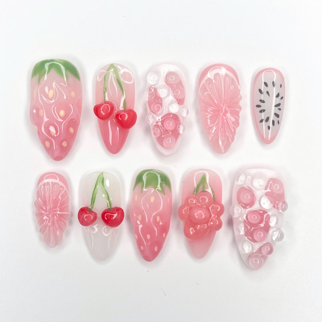 Handmade Fruity 3D Press-On Nails – pink tones with 3D strawberries, cherries, and watermelon designs. Perfect for summer holidays, birthdays, vacations, or as a sweet gift for her