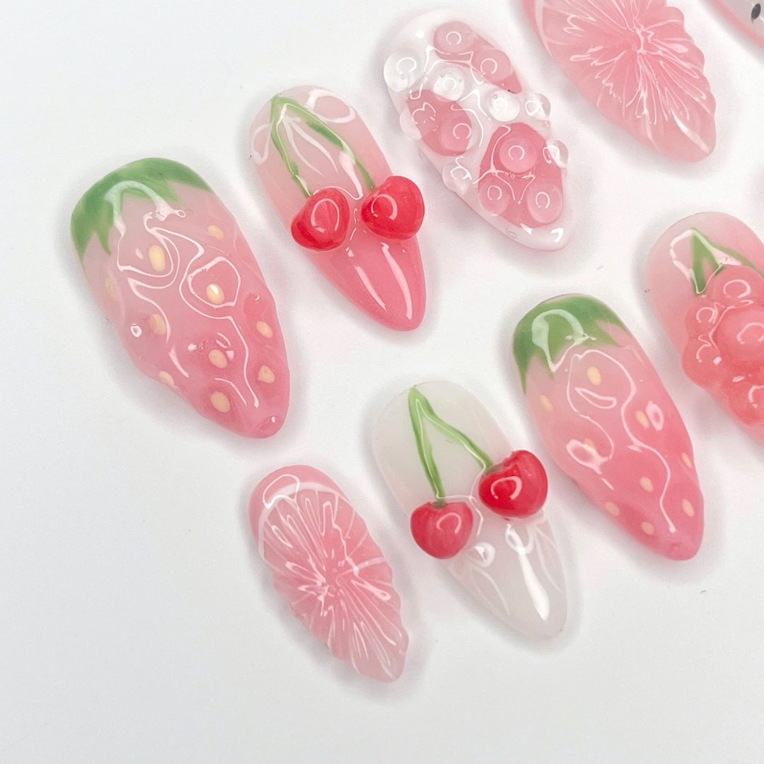 Handmade Fruity 3D Press-On Nails – pink tones with 3D strawberries, cherries, and watermelon designs. Perfect for summer holidays, birthdays, vacations, or as a sweet gift for her