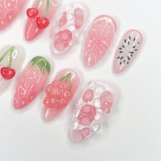 Handmade Fruity 3D Press-On Nails – pink tones with 3D strawberries, cherries, and watermelon designs. Perfect for summer holidays, birthdays, vacations, or as a sweet gift for her