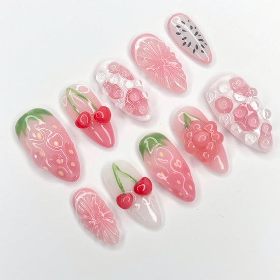 Handmade Fruity 3D Press-On Nails – pink tones with 3D strawberries, cherries, and watermelon designs. Perfect for summer holidays, birthdays, vacations, or as a sweet gift for her