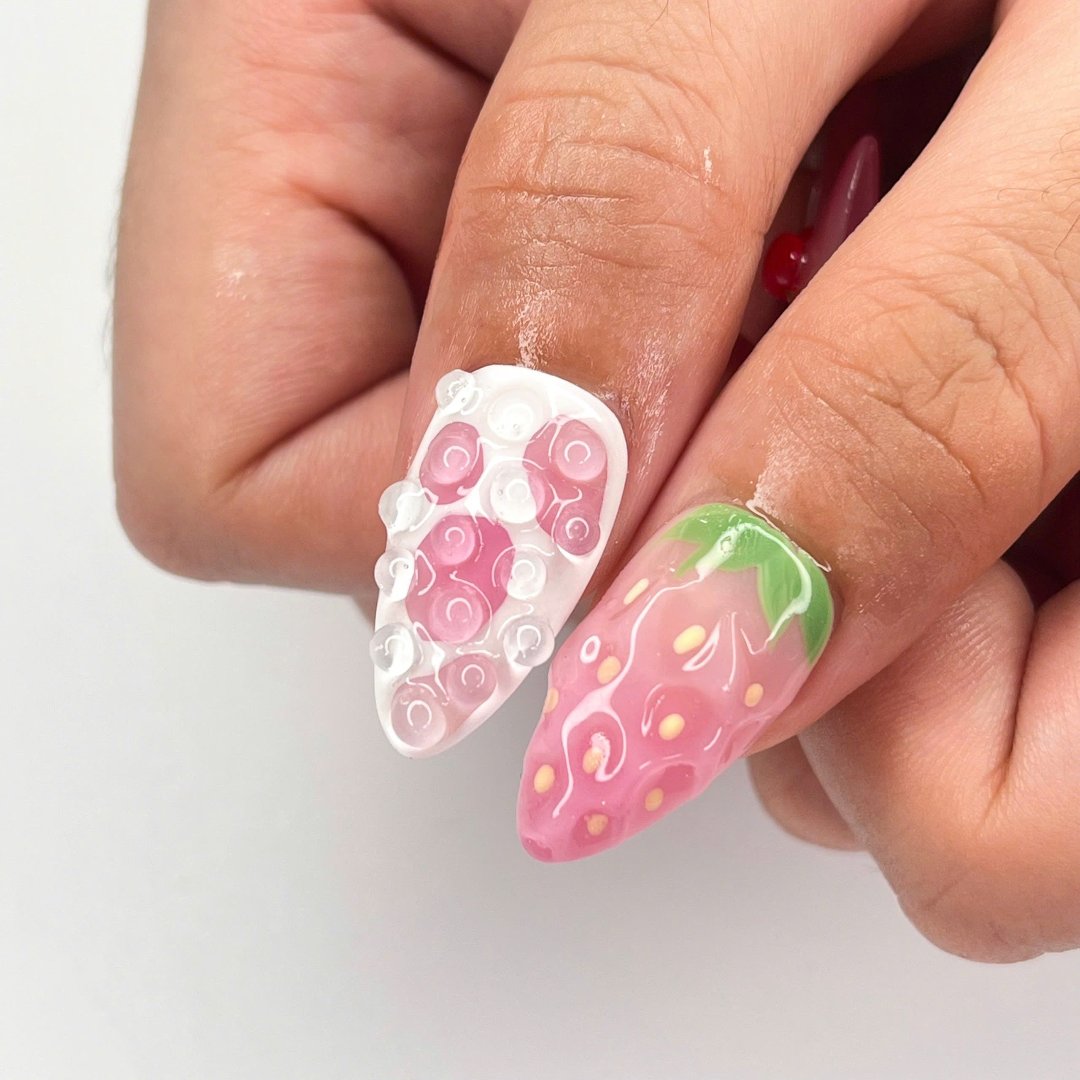 Handmade Fruity 3D Press-On Nails – pink tones with 3D strawberries, cherries, and watermelon designs. Perfect for summer holidays, birthdays, vacations, or as a sweet gift for her