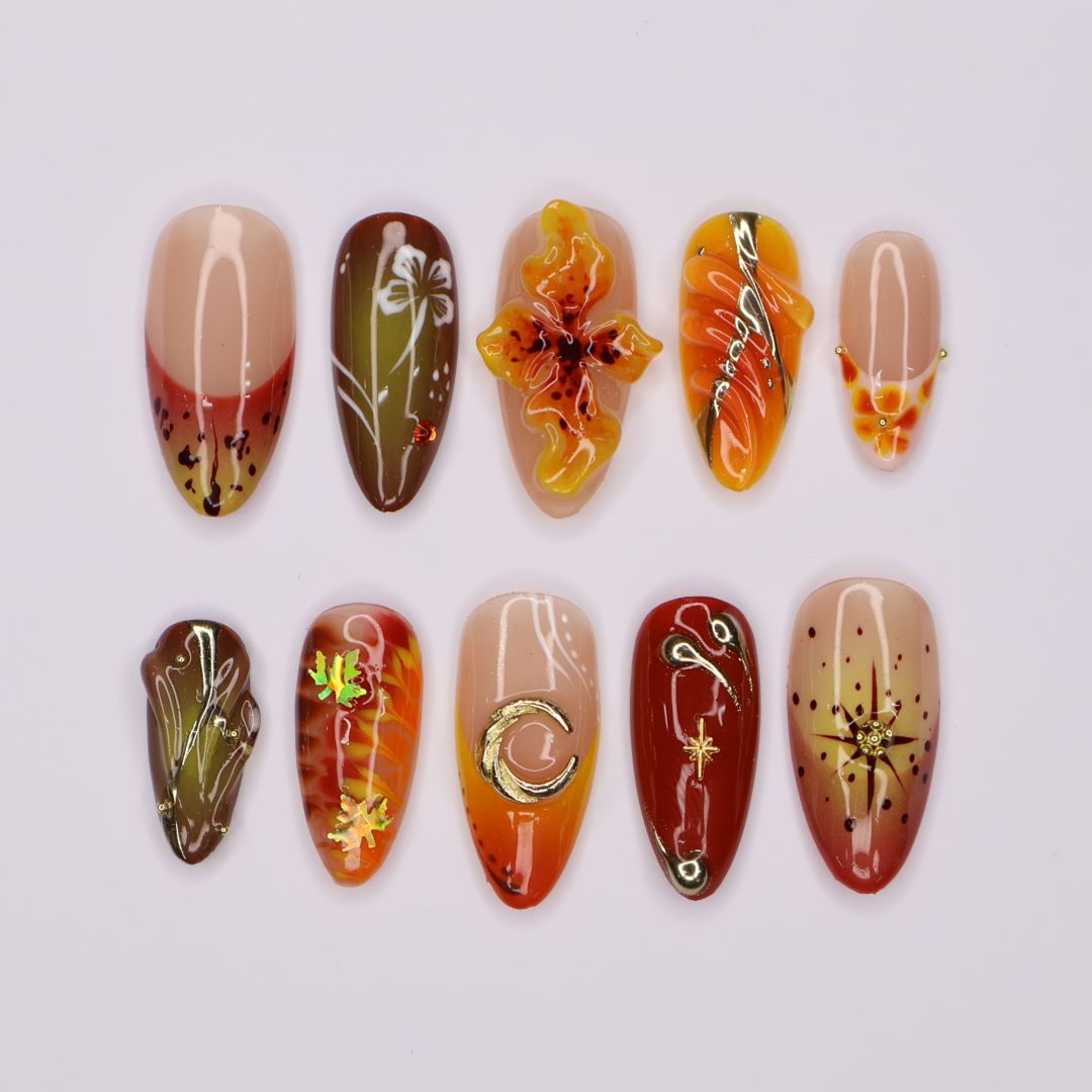 fall inspired handmade press on nails by lilynailsart.co