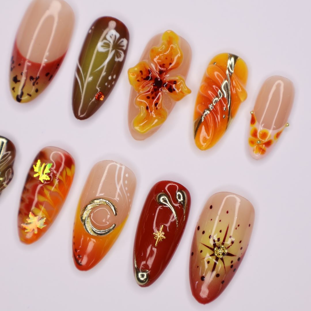 fall inspired handmade press on nails by lilynailsart.co