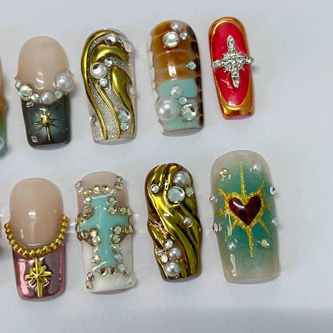 3D gel with gold chrome renaissance press on nails 