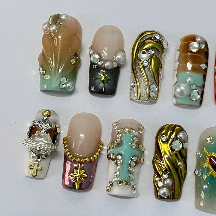 3D gel with gold chrome renaissance press on nails 