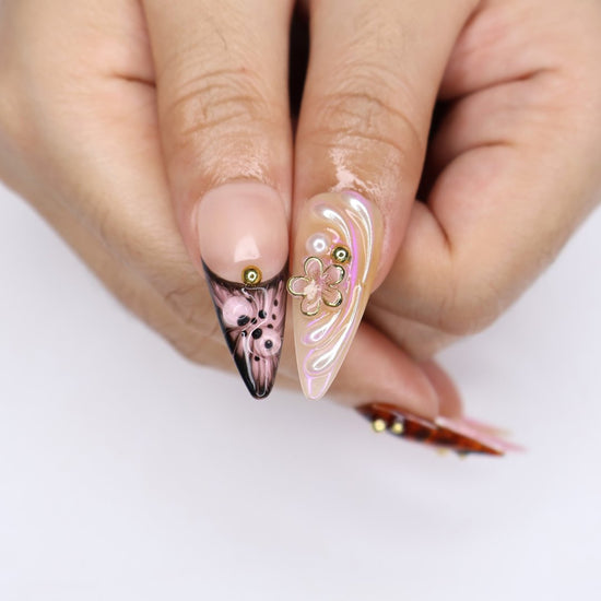 Handmade Tortoise & Pink Press-On Nails- Fall Collection – nude, pink, and tortoiseshell tones with 3D flowers, butterflies, and gold accents. Perfect for birthdays, holidays vacation, or as a thoughtful gift for her