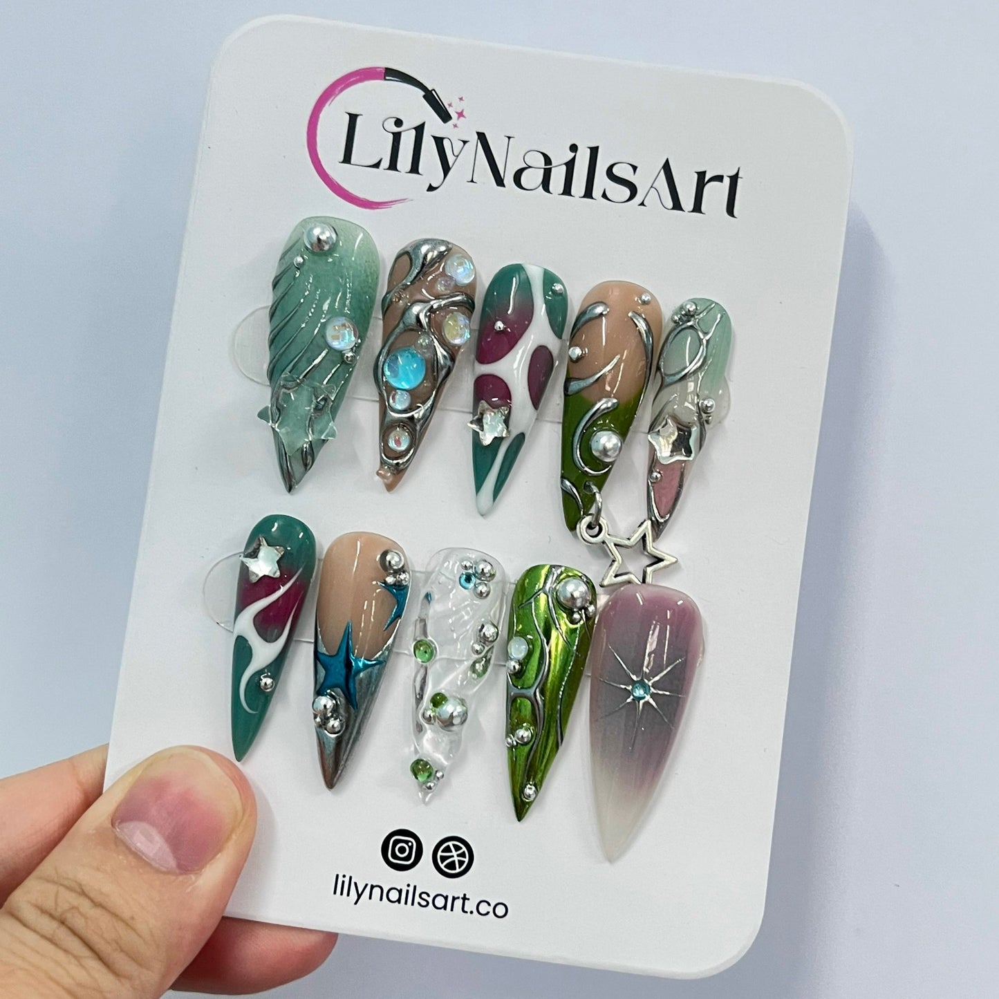 green vibe 3D silver chrome effect long stiletto press on nails