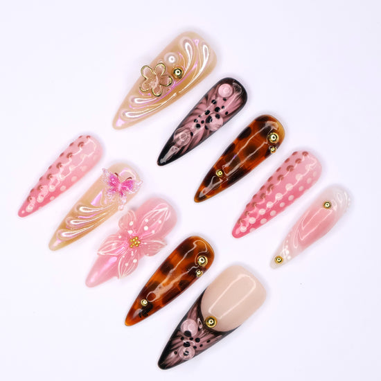 Handmade Tortoise & Pink Press-On Nails- Fall Collection – nude, pink, and tortoiseshell tones with 3D flowers, butterflies, and gold accents. Perfect for birthdays, holidays vacation, or as a thoughtful gift for her