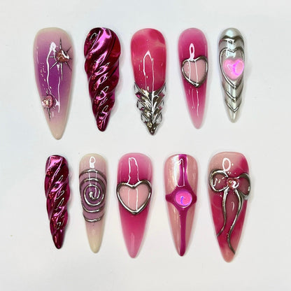 gorgeous pink & silver chrome handmade press on nails for valentine holiday birthday vacation