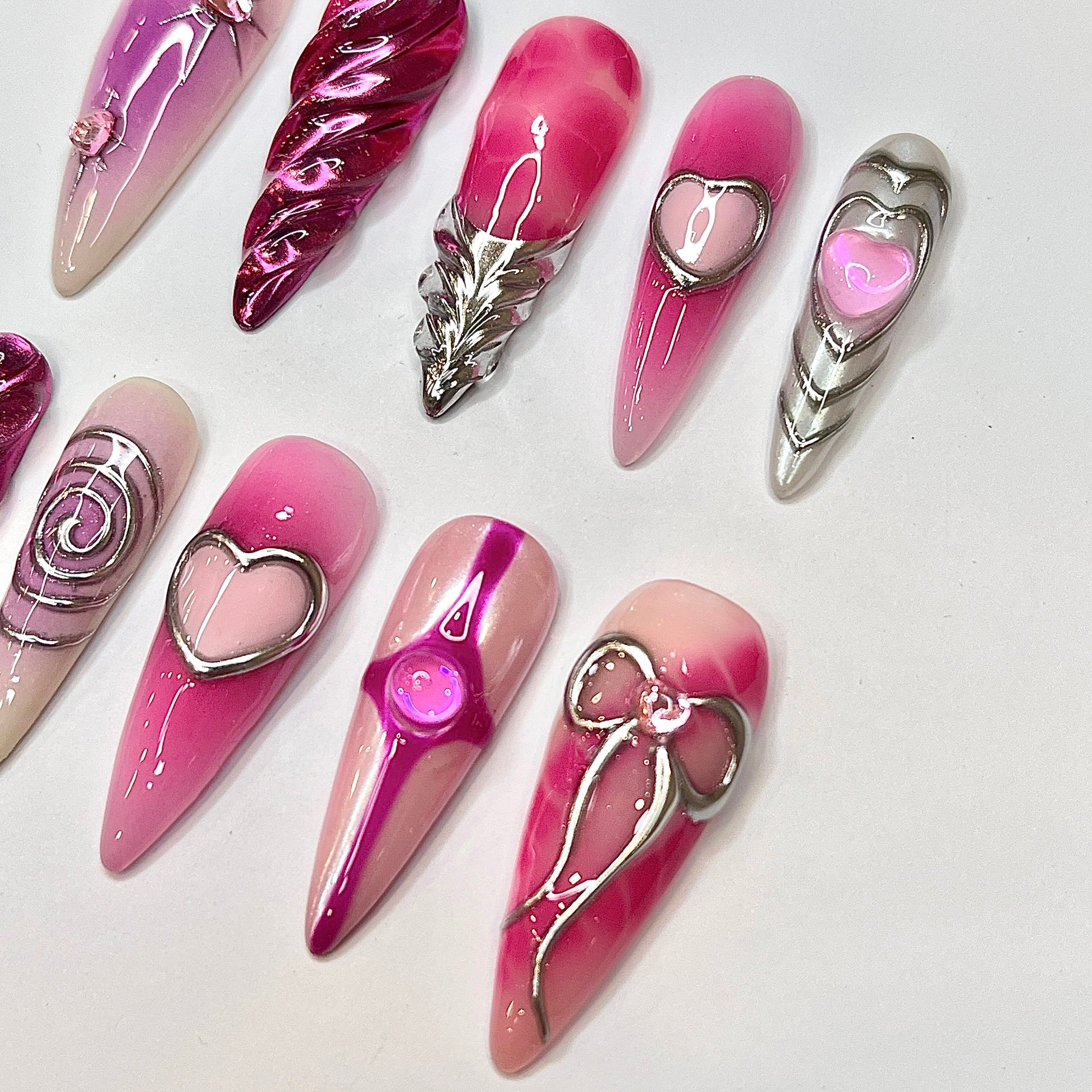 gorgeous pink & silver chrome handmade press on nails for valentine holiday birthday vacation