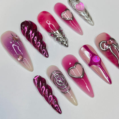 gorgeous pink & silver chrome handmade press on nails for valentine holiday birthday vacation