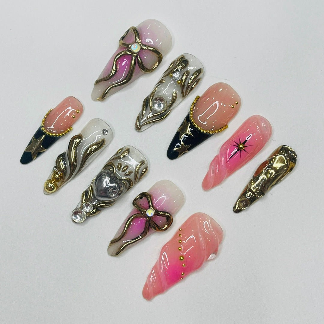 blush fairy elegance gold chrome and silver heart charm with 3D gel long almond press on nails