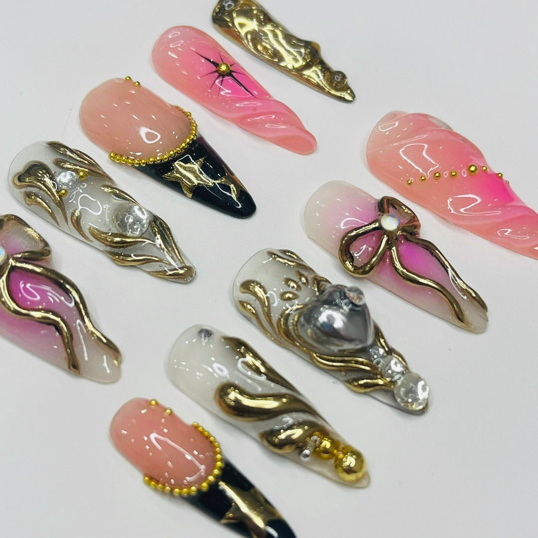 blush fairy elegance gold chrome and silver heart charm with 3D gel long almond press on nails