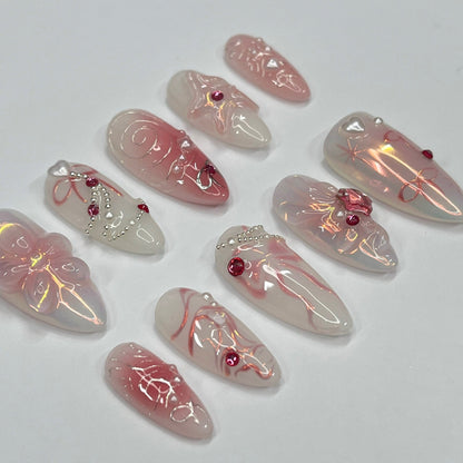 Petite Blossom Blush Medium Almond Press On Nails, Handpainted Flower Nails, Spring Floral Nails Art for Birthday, Holiday, Vacation