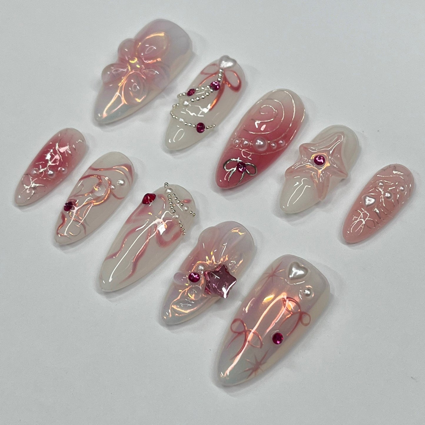 Petite Blossom Blush Medium Almond Press On Nails, Handpainted Flower Nails, Spring Floral Nails Art for Birthday, Holiday, Vacation