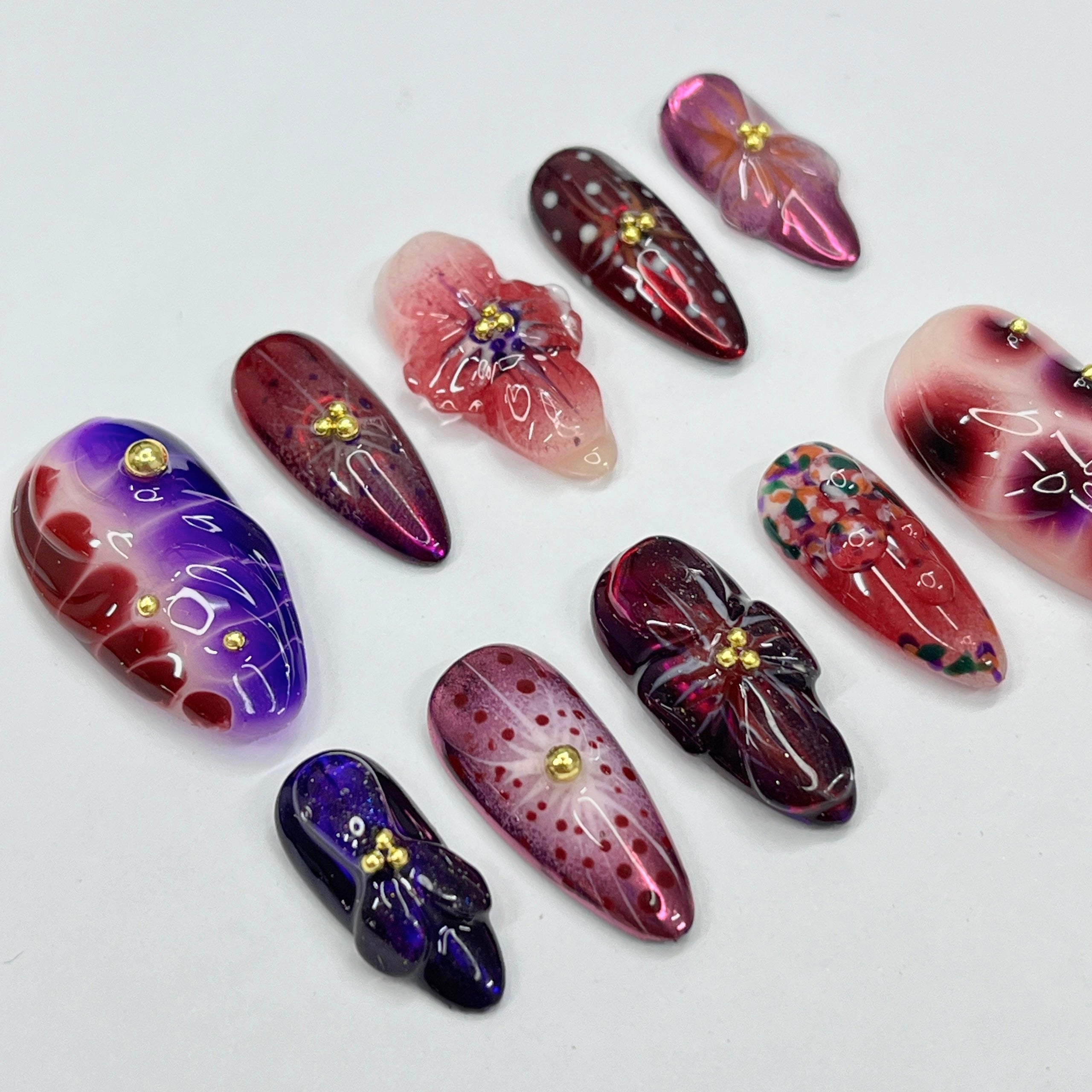 Purple garden theme inspired handmade medium almond press on nails, 3d flower nails art for birthday party, holiday, gift for her