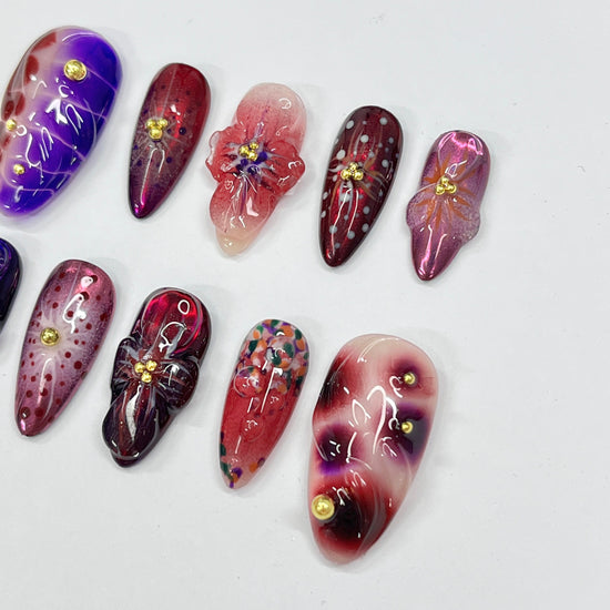 Purple garden theme inspired handmade medium almond press on nails, 3d flower nails art for birthday party, holiday, gift for her