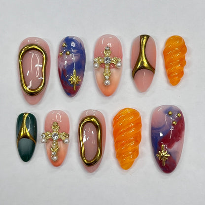 Freestyle Mix & Match Medium Almond Press On Nails, Handmade 3D Gel  Fake Nails for Birthday Holiday Vacation Prom , Gifts for Her