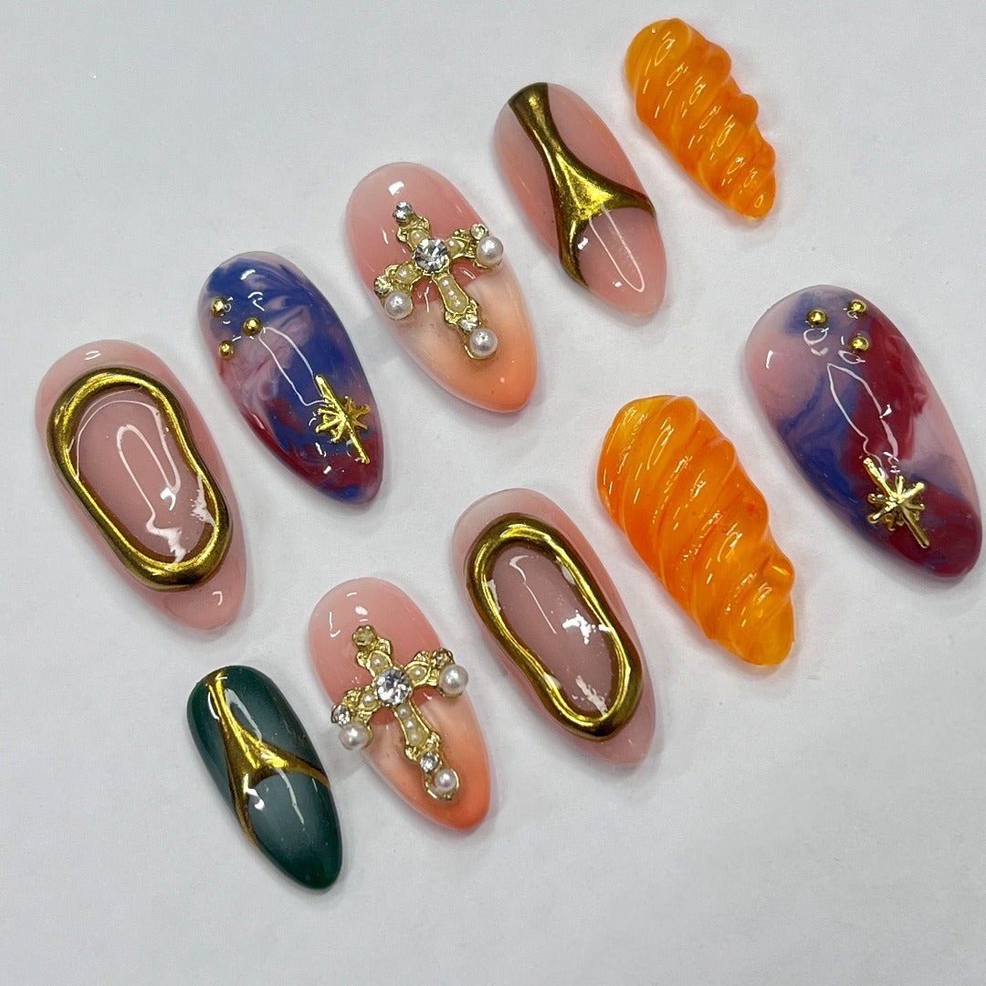 Freestyle Mix & Match Medium Almond Press On Nails, Handmade 3D Gel  Fake Nails for Birthday Holiday Vacation Prom , Gifts for Her