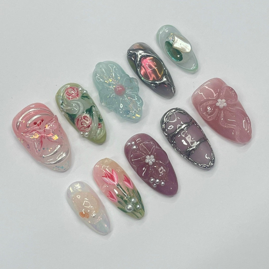 Springtime - 3D Flowers Medium Almond Press on nails, Handmade Floral False Nails for Holiday, Vacation, Birthday, Prom Nails. Gift for Her