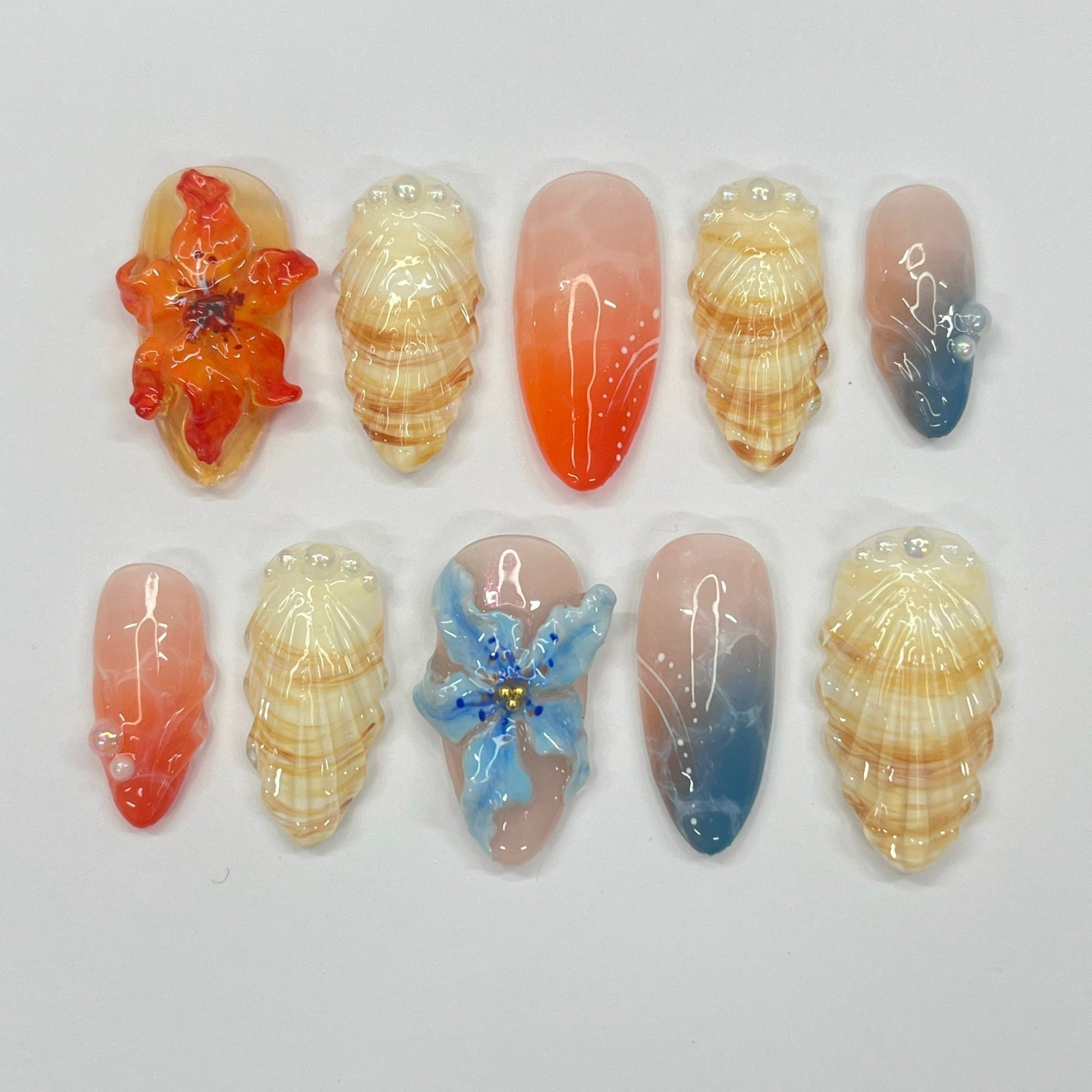 3D orchid flowers  with sea shell short almond press on nails, handmade beach holiday theme nails 