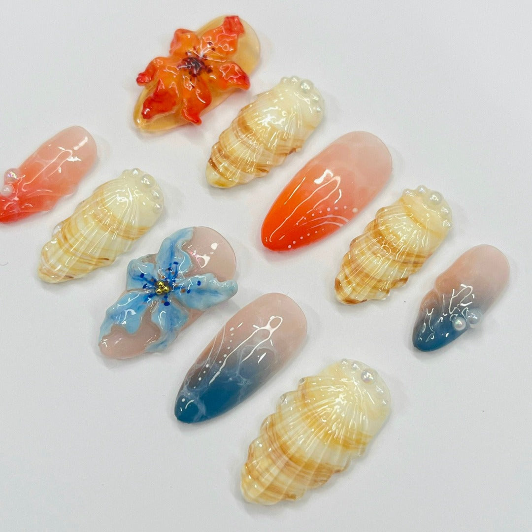 3D orchid flowers  with sea shell short almond press on nails, handmade beach holiday theme nails 