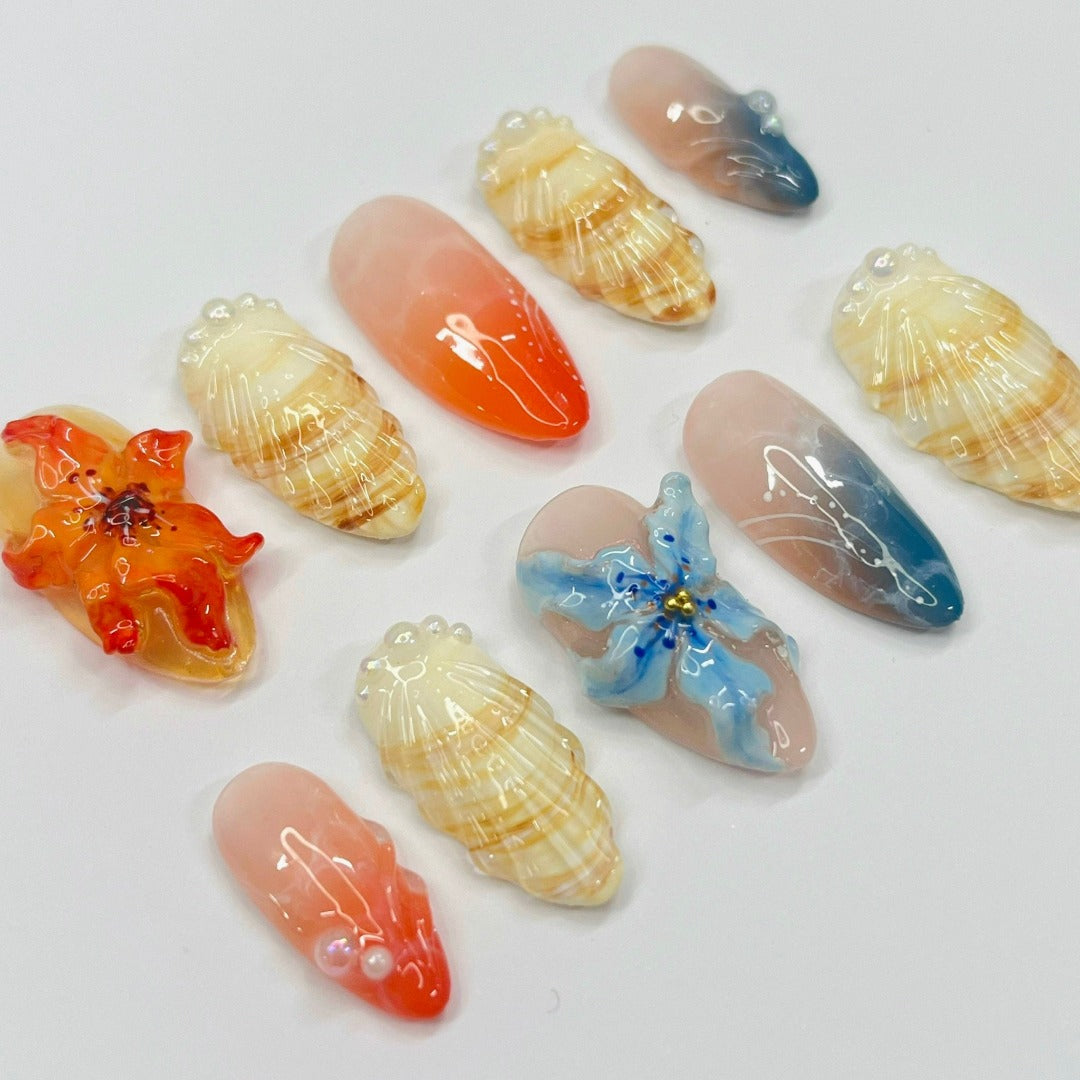 3D orchid flowers  with sea shell short almond press on nails, handmade beach holiday theme nails 