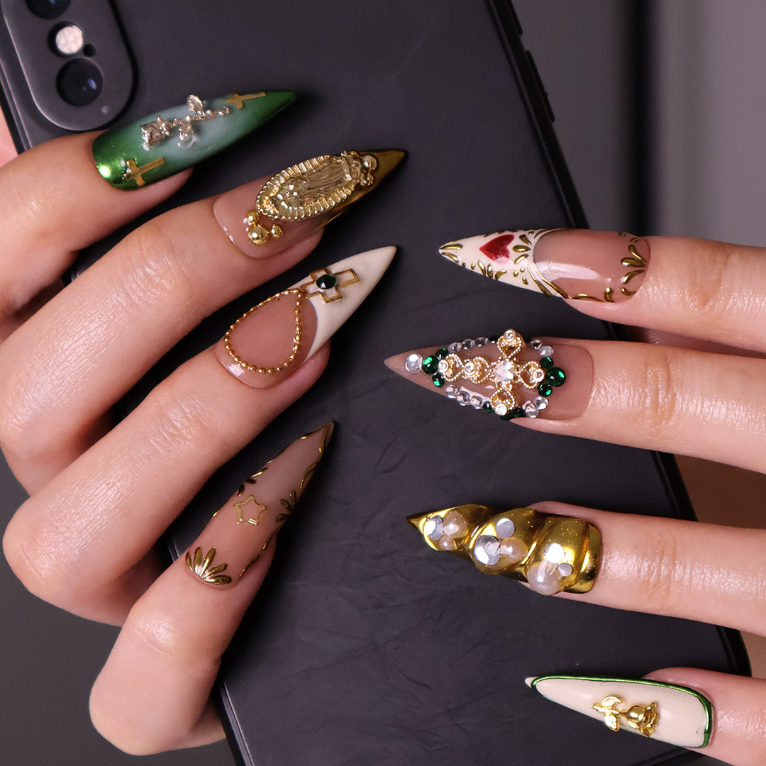 Handmade Luxe renaissance Christmas Press-On Nails – deep green, gold, and nude tones with ornate crosses, pearls, 3D details, and gem accents. Perfect for holidays, special events, or as a unique gift for her.