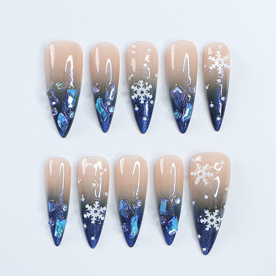 Handmade Winter Snowflake Press-On Nails – blue glitter, snowflake details, and crystal accents. Perfect for holidays, birthdays, vacations, or as a festive gift for her