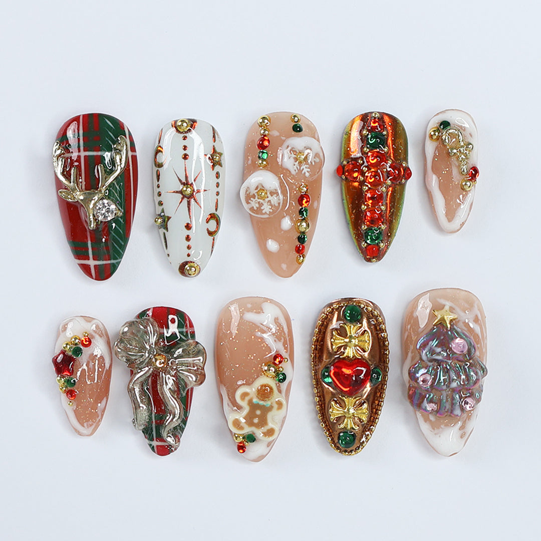 Jolly Spirit - Christmas collection 3D Xmas Tree & Bow Medium Almond Press on nails, Handmade Cute False Nails for Holiday, Vacation, Birthday, Prom Nails. Gift for Her