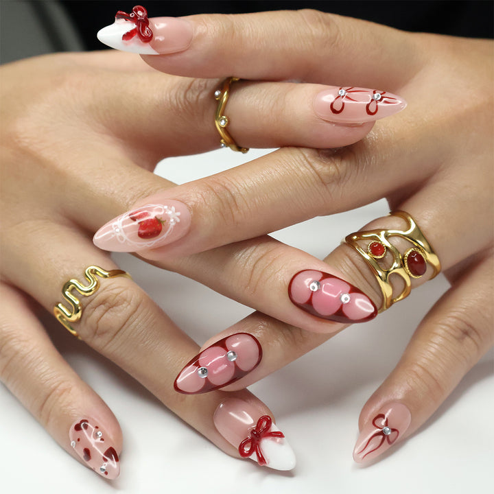 Berry Love - Strawberry Bow Heart Handmade Press-On Nails – romantic design with strawberries, red bows, and heart accents. Perfect for holidays, vacations, birthdays, valentine, or as a thoughtful gift for her.