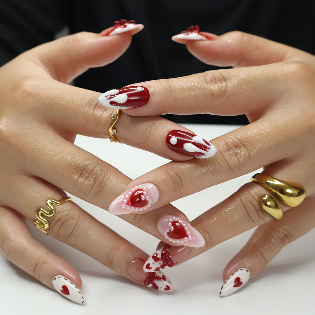 Valentine's Kiss- Red and White Valentine’s Day Press-On Nails – Heart and bow designs, handmade with 3D gel for holiday, vacation, birthday nails, or a gift for her.