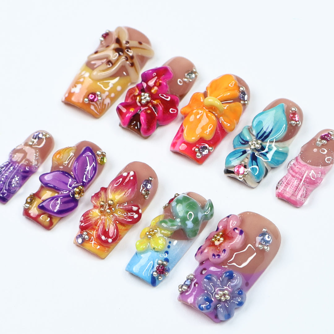 beach flowers nails nail set tropical fake nails nail set flowers seaside press on nails brightly colored press on nails glossy press on nails loud press on nails