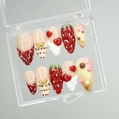 love struck - Strawberry Dessert Press-On Nails – Handmade 3D design with strawberries, whipped cream, and chocolate-inspired accents. Perfect for holiday, vacation, valentine day, birthday nails, or a thoughtful gift for her