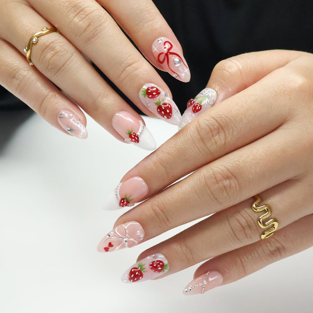 Love at First Berry - Strawberry Dream Press-On Nails – Red strawberries with pearls and silver accents, handmade for holiday, vacation, birthday nails, or as a gift for her.